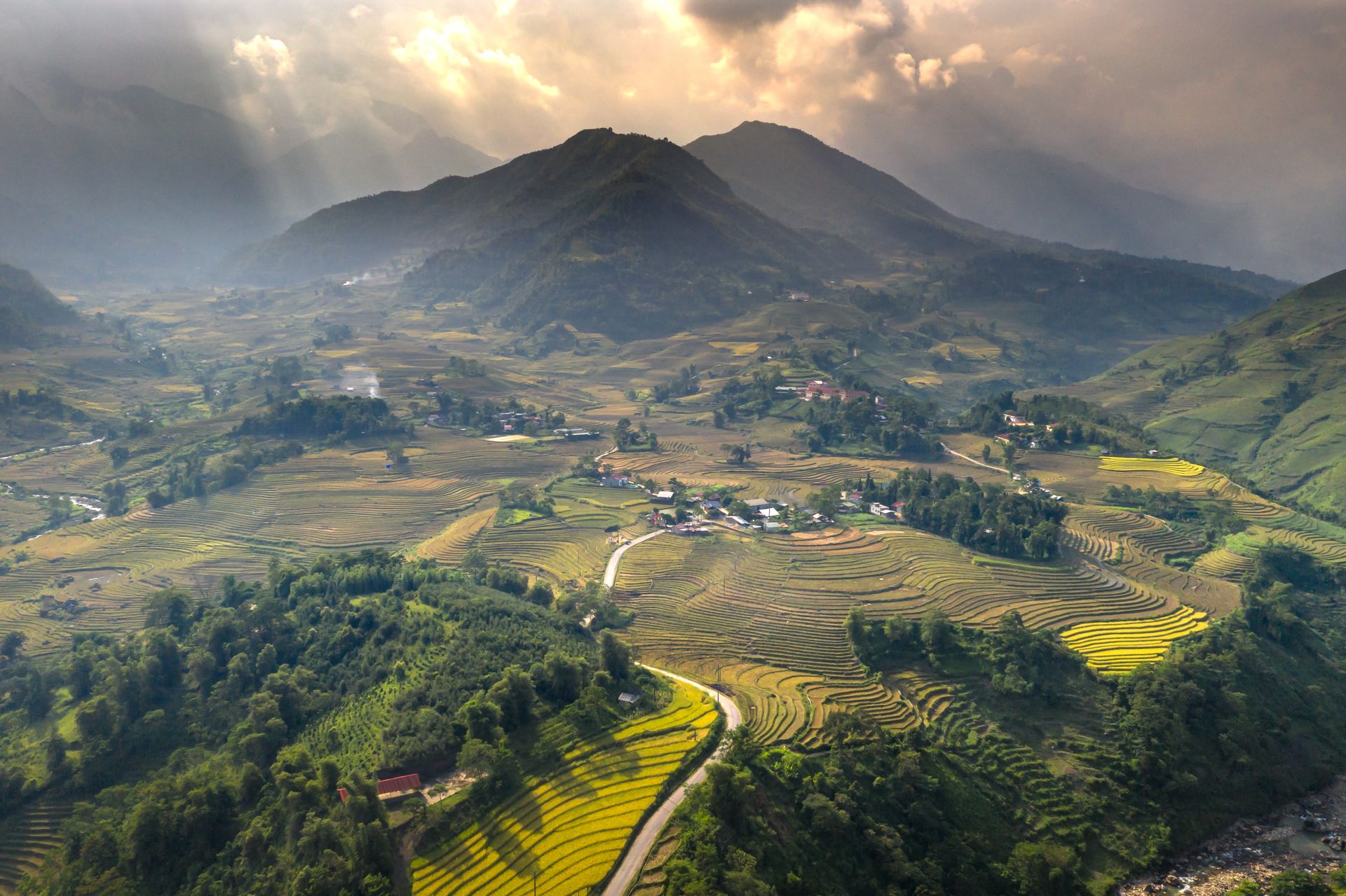 Stunning aerial shot of lush green terraced rice fields with mountains in the background.