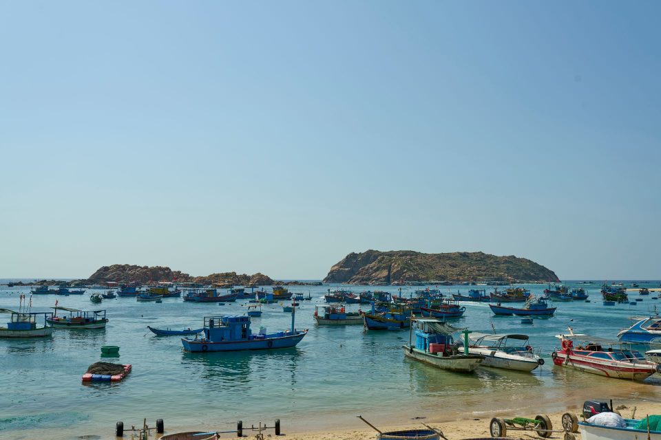 Vibrant fishing boats docked in the calm waters of Quy Nhon, Vietnam, under a clear blue sky.