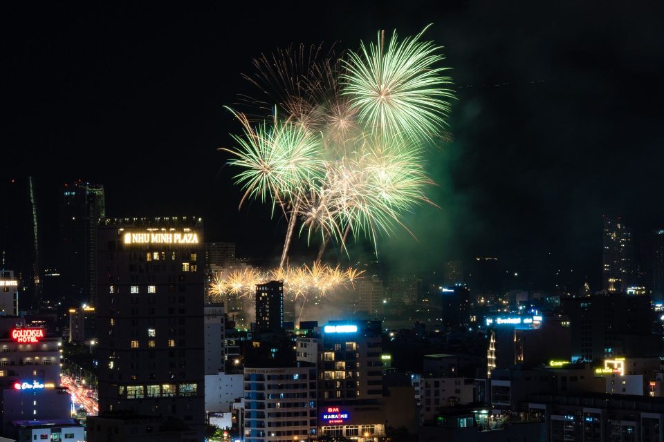 Beautiful fireworks display illuminating a vibrant city skyline at night.