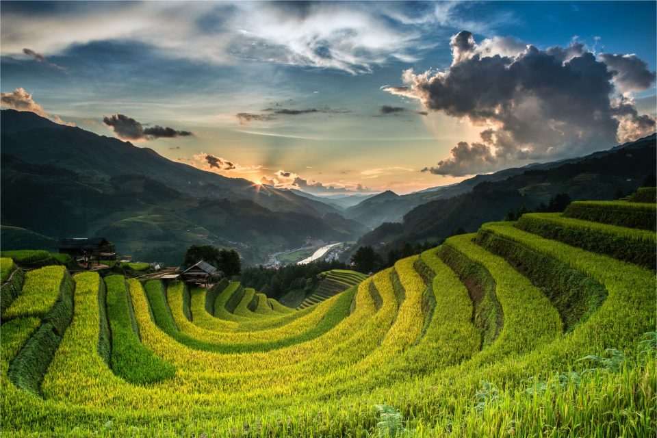 Breathtaking view of rice terraces at sunset in Yên Bái, Vietnam, showcasing natural beauty and landscape artistry.